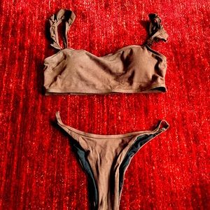 Brown ruffle strap two piece swimsuit. New without tags. Size M.